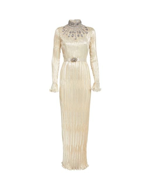 Andrew Gn Natural Pleated Embellished Gown