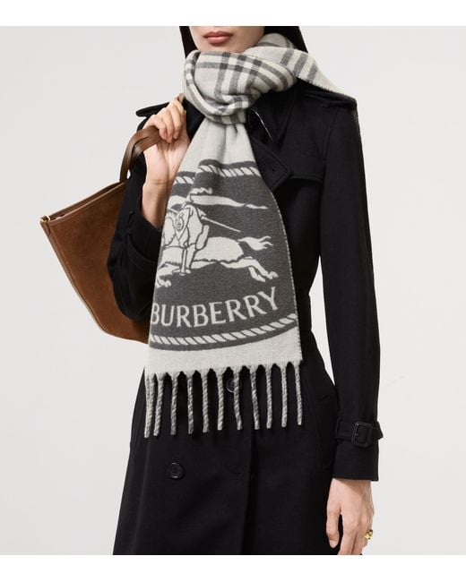 Burberry Gray Cashmere Reversible Knight Stamp Scarf