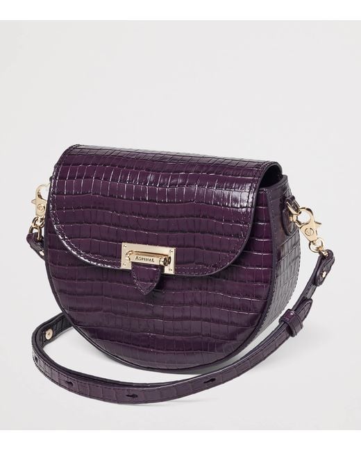 Aspinal Purple Leather Croc-Embossed Portobello Cross-Body Bag