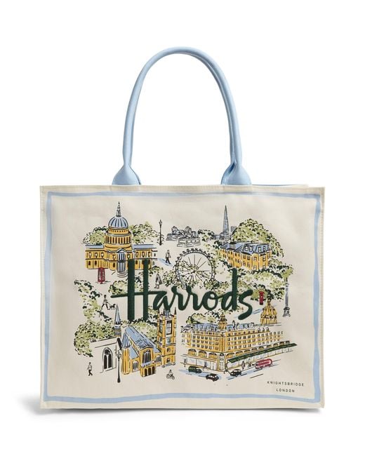 Harrods White Canvas City Stories Tote Bag
