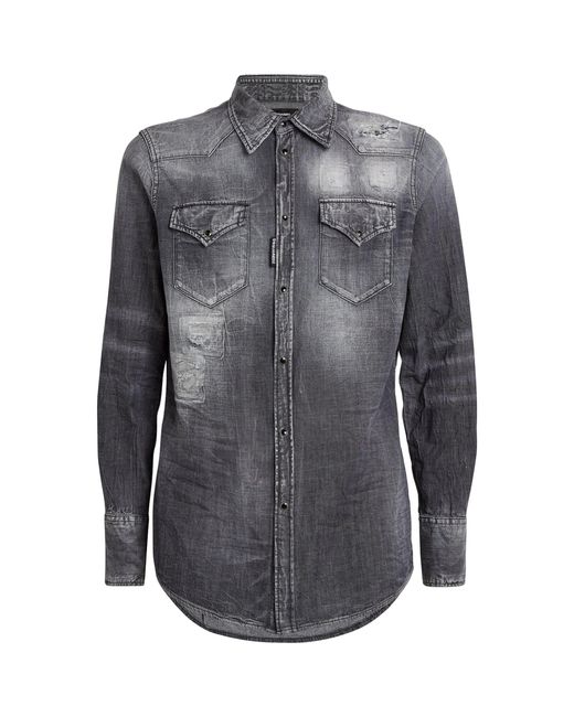DSquared² Gray Western Distressed Denim Shirt for men