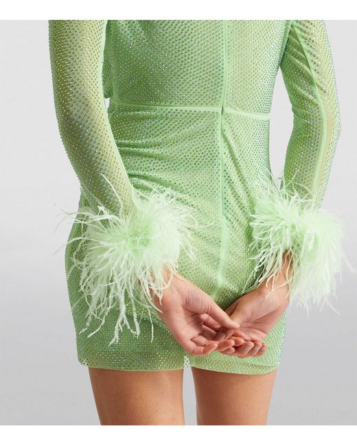 Self-Portrait Green Rhinestone Feather-trim Mini Dress