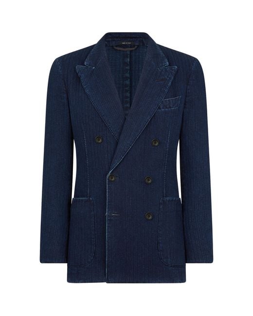 Tom Ford Blue Double-Breasted Denim Blazer for men