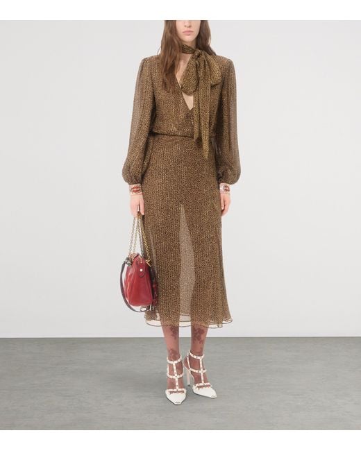 Valentino Brown Silk-Blend Embellished-Cuff Midi Dress