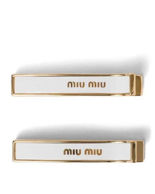 Miu Miu White Set Of 2 Enamel Logo Hair Clips