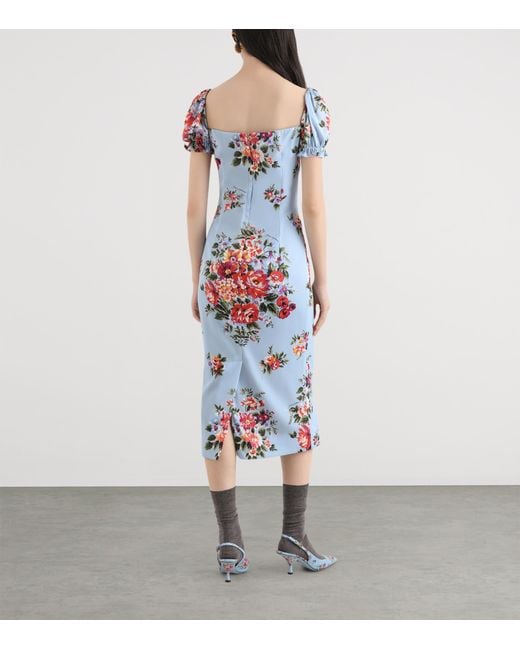Dolce & Gabbana Blue Silk-Blend Bouquet Print Midi Dress