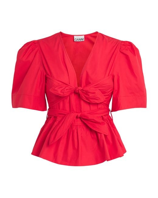 Ganni Red Cotton Bow-Detail Blouse