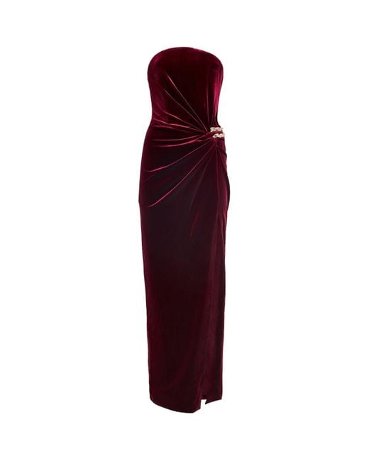 Self-Portrait Self Portrait Burgundy Stretch Velvet Long Bandeau Dress in  Red | Lyst UK