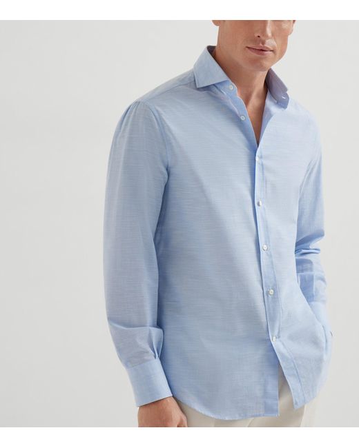 Brunello Cucinelli Blue Cotton Oxford Shirt for men