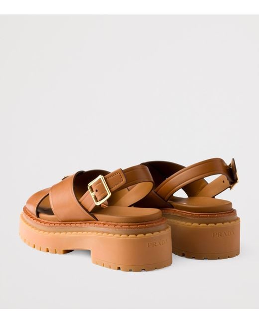 Prada Brown Leather Crossover Platform Sandals 55