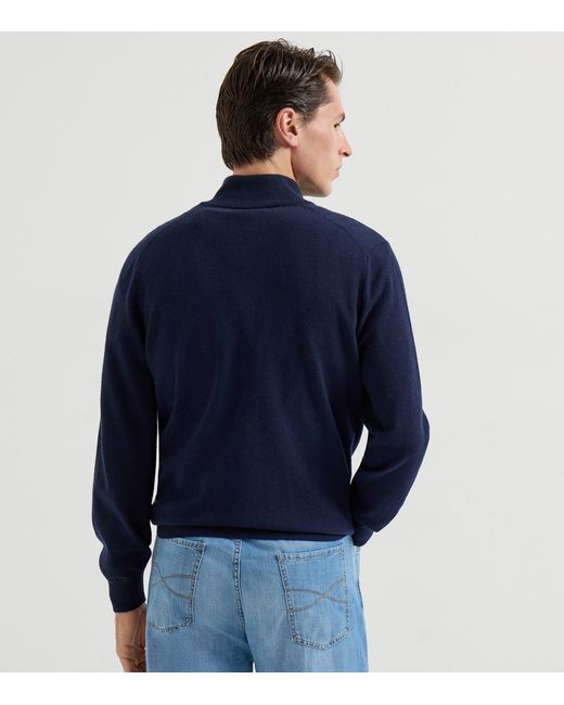 Brunello Cucinelli Blue Cashmere Quarter-Zip Sweater for men
