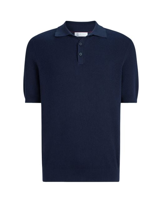 Brunello Cucinelli Blue Cotton Rib-Knit Polo Shirt for men
