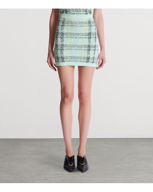 Balmain Blue Tweed Embellished Plaid Mini Skirt
