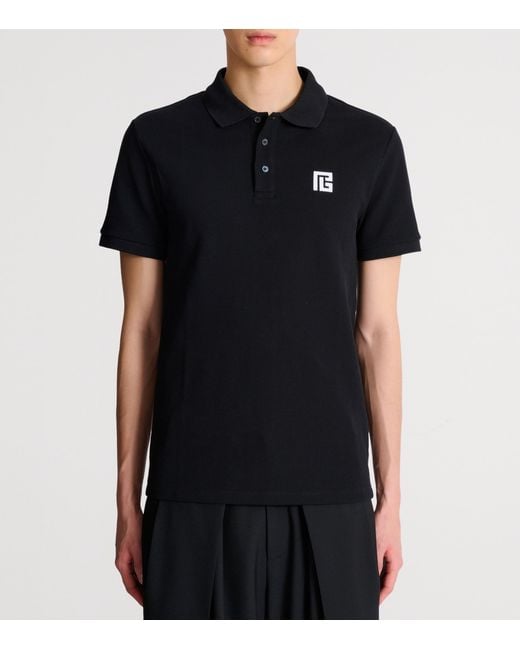 Balmain Black Cotton Logo-Embroidered Polo Shirt for men
