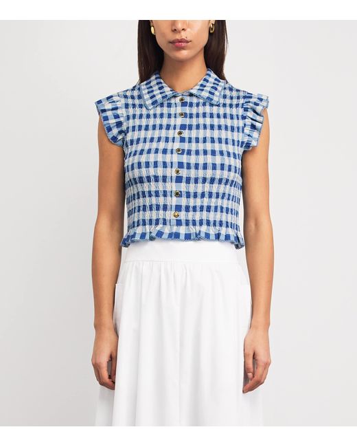 Sandro Blue Gingham Smocked Top
