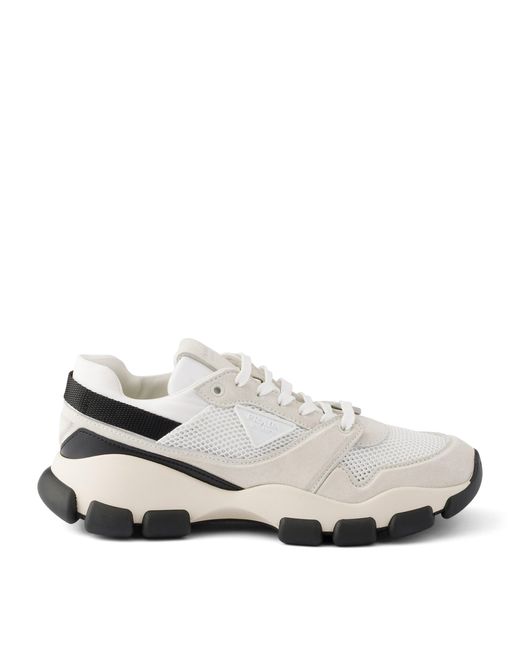 Prada White Mesh Fabric And Suede Sneakers