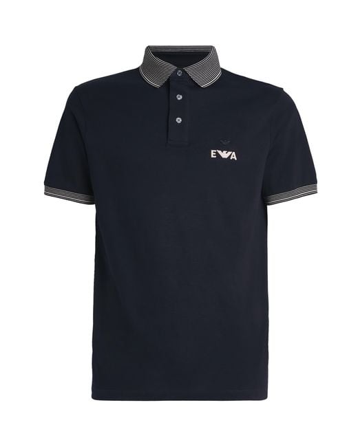 Emporio Armani Blue Cotton Piqué Stripe-Trim Polo Shirt for men