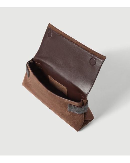 Brunello Cucinelli Brown Suede Essence Flap Top-Handle Bag