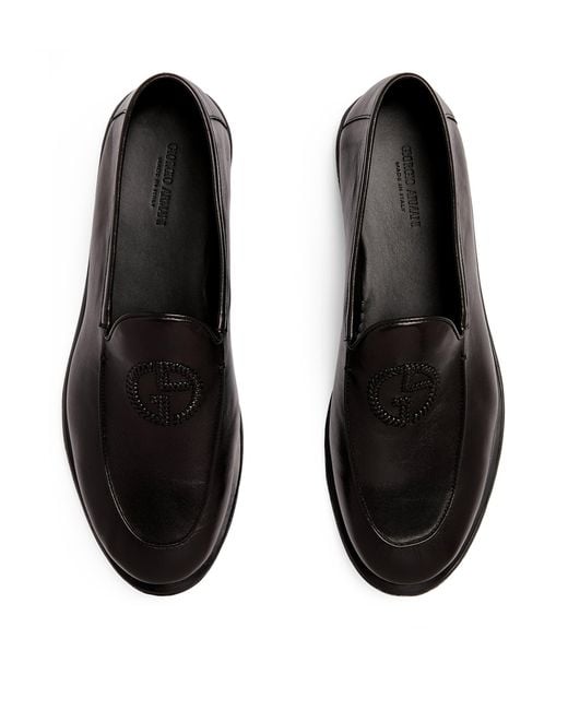 Giorgio Armani Black Leather Monogram-Embroidered Loafers for men