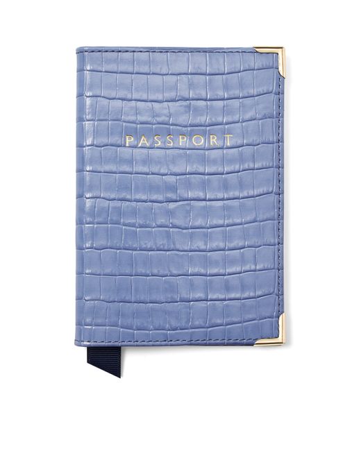 Aspinal Blue Croc-Embossed Leather Passport Cover for men