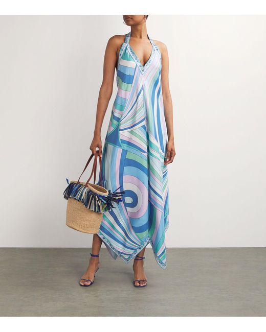 Emilio Pucci Blue Pucci Silk Asymmetric Halterneck Dress