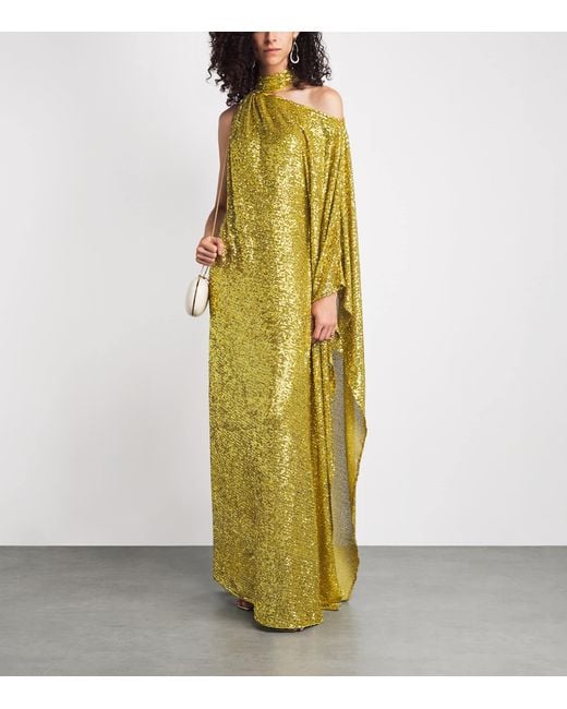 Taller Marmo Yellow Sequinned Atlas Disco Maxi Dress