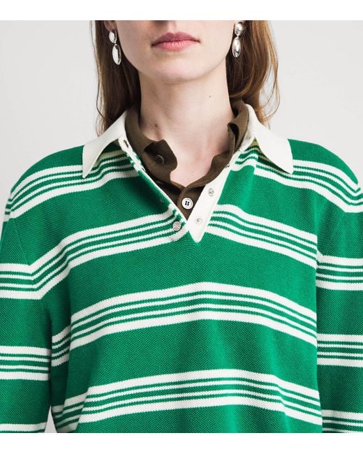 Maje Green Cotton-Blend Stripe Polo Sweater