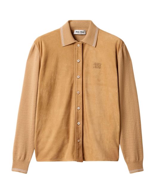 Miu Miu Brown Suede-Wool Logo Shirt
