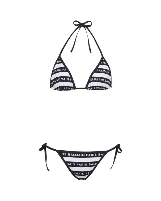 Balmain White Striped Logo Bikini