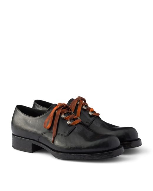 Prada Black Leather Antiqued Derby Shoes for men
