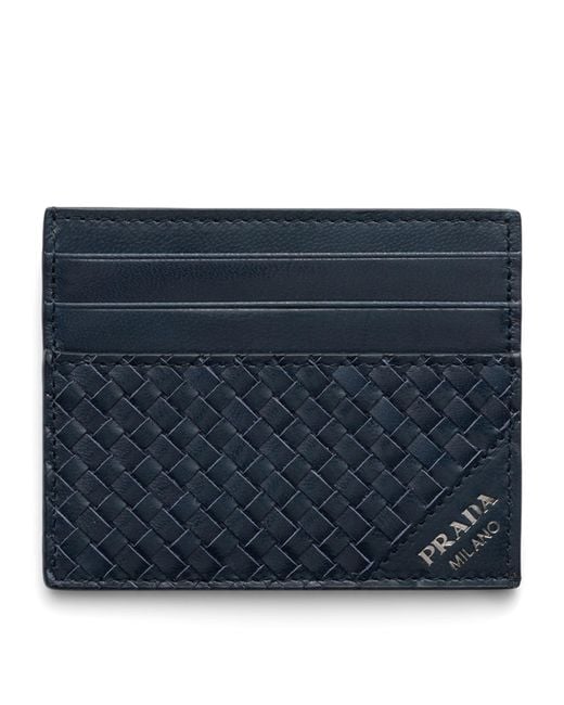 Prada Blue Leather Woven Card Holder for men