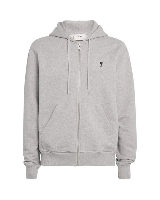 AMI Gray Organic Cotton Ami De Coeur Zip-Up Hoodie for men