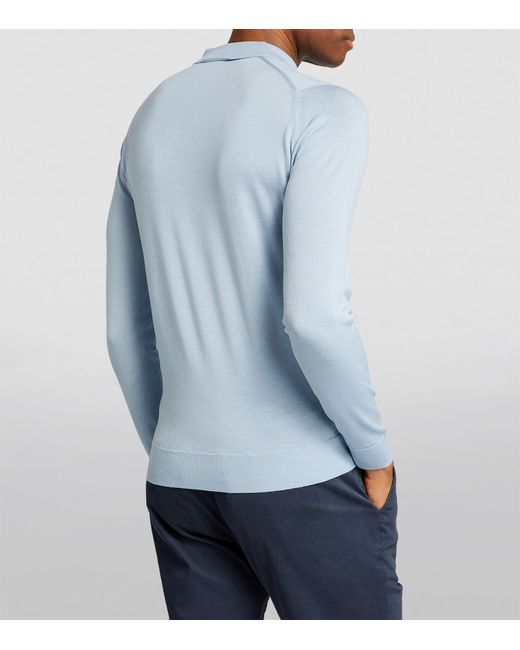 John Smedley Blue Merino Wool Long-sleeve Polo Shirt for men