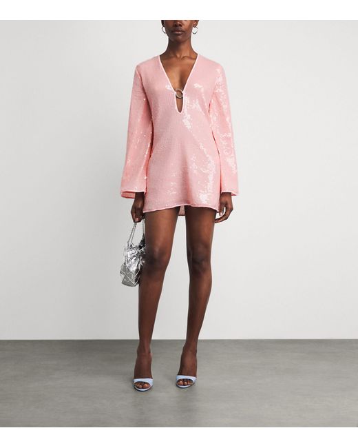 Oseree Pink Sequinned O-Ring Lumière Mini Kaftan Dress
