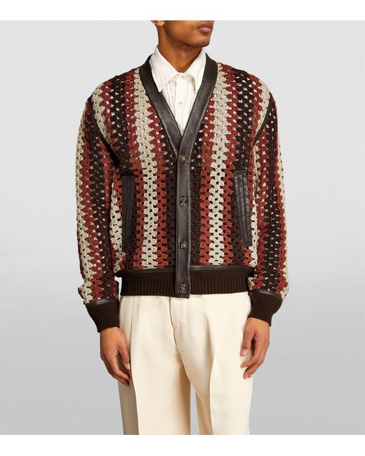 Amiri Brown Leather-trim Crochet Cardigan for men