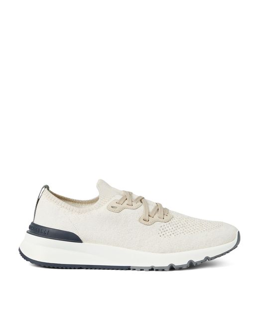 Brunello Cucinelli White Cotton-Blend Chiné-Knit Sneakers for men