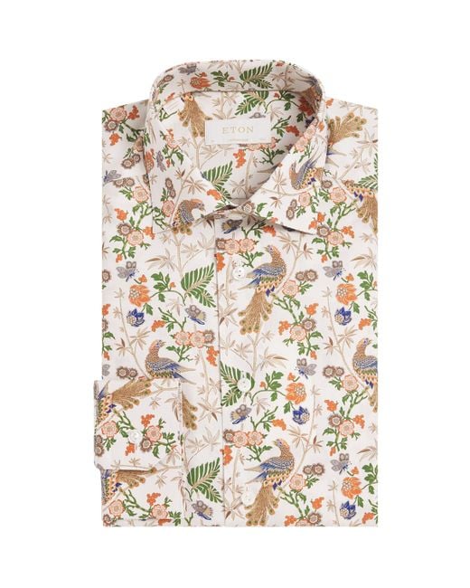 Eton of Sweden White Cotton Peacock Print Shirt for men