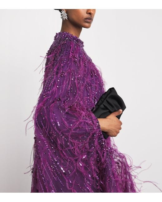 Pamella Roland Purple Tulle Embellished Feather-Trim Gown