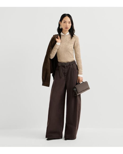 Brunello Cucinelli Natural Silk-Alpaca-Wool Lace-Detail Sweater