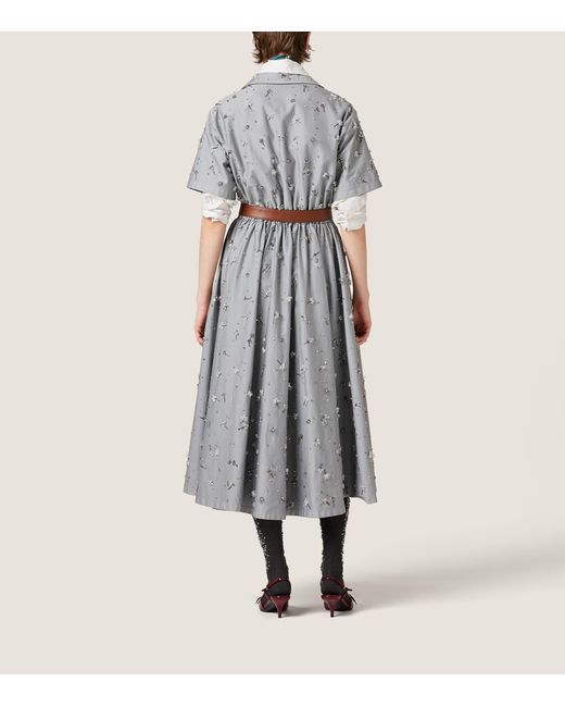 Miu Miu Gray Cotton Satin Embellished Midi Shirt Dress