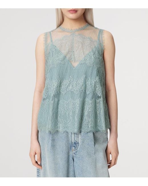 AllSaints Blue Tulle Lace-Trimmed Clara Blouse