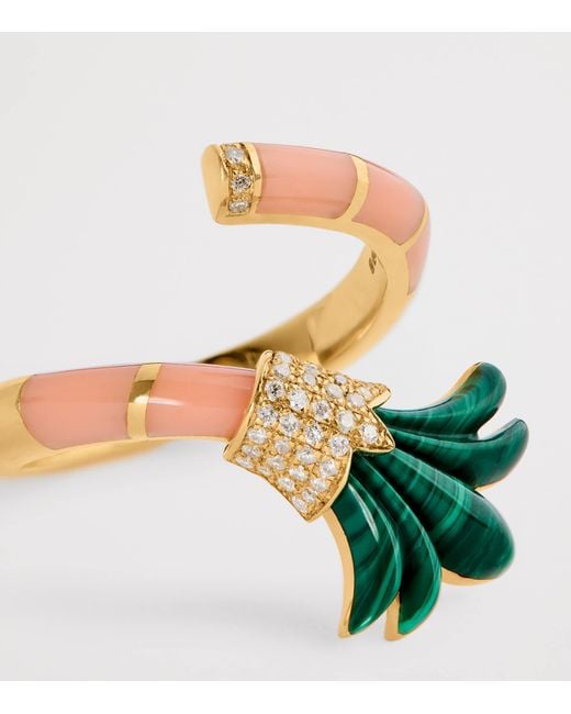 L'Atelier Nawbar Metallic Diamond, Malachite And Coral On A Vine Psychedeliah Ring