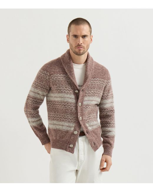 Brunello Cucinelli Brown Jacquard Shawl-Collar Cardigan for men