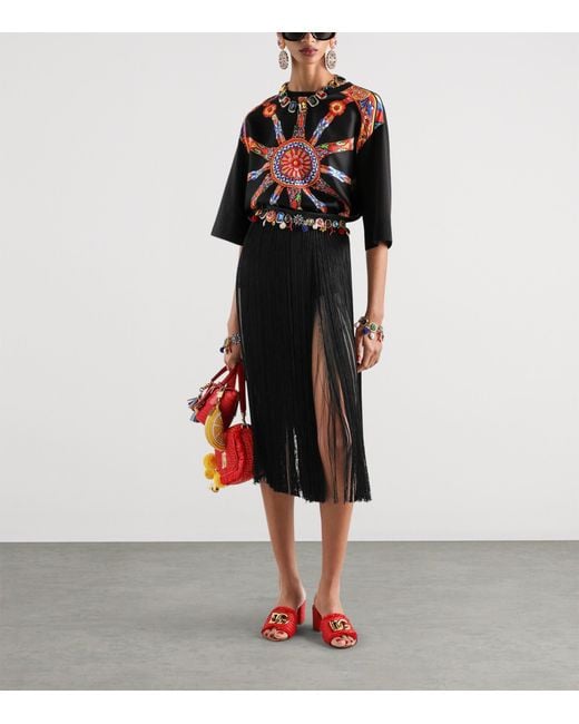 Dolce & Gabbana Black Satin Fringe Midi Skirt