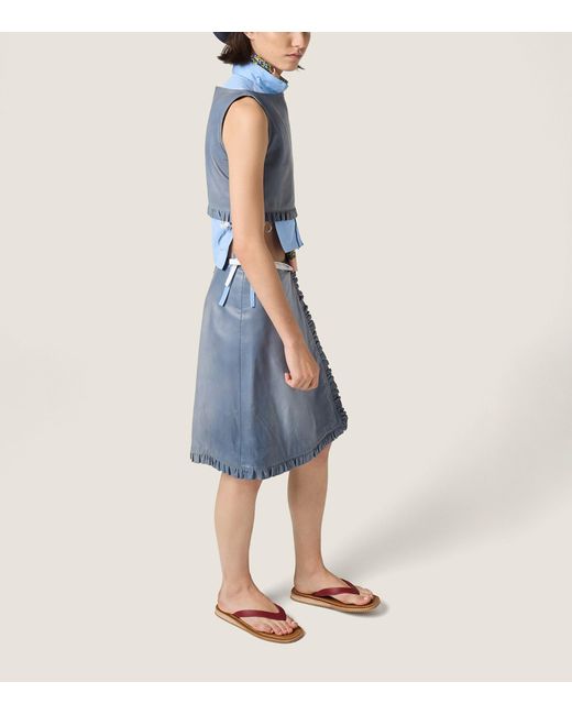 Miu Miu Blue Nappa Leather Ruffle Midi Skirt