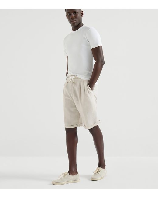 Brunello Cucinelli White Linen Drawstring Bermuda Shorts for men