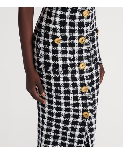 Balmain Black Gingham Tweed Long Skirt