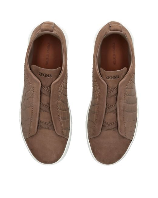 Zegna Brown Crocodile Leather Triple Stitch Sneakers for men