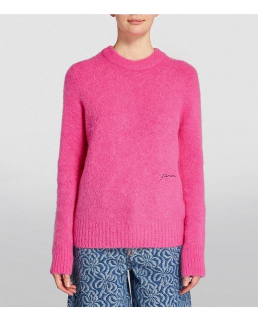 Ganni Pink Alpaca-blend Embroidered Logo Sweater