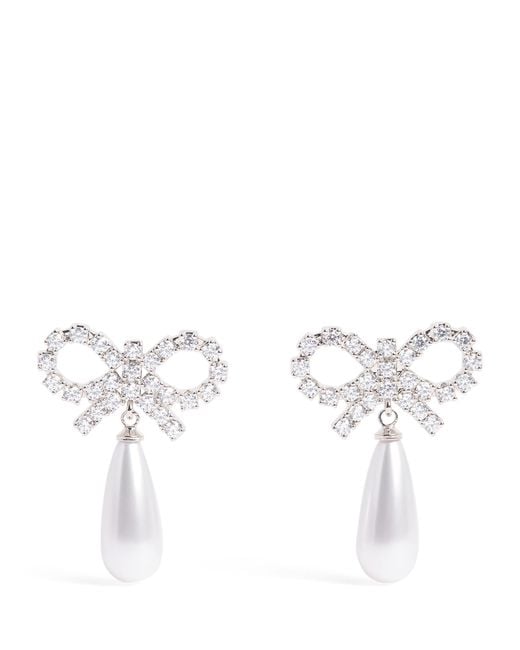 Self-Portrait White Crystal And Faux Pearl Bow Drop Earrings